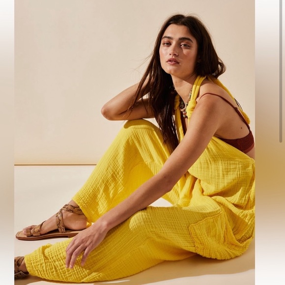 Free People Free-est Knot It Up Low Back Jumpsuit Halter Bohemian Gauze Yellow - Picture 2 of 12